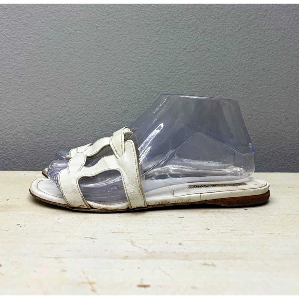 Manolo Blahnik White Nappa Leather Grellanuflat Slide Sandals Size 38